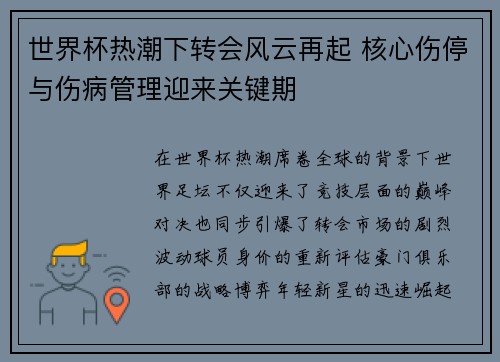 世界杯热潮下转会风云再起 核心伤停与伤病管理迎来关键期