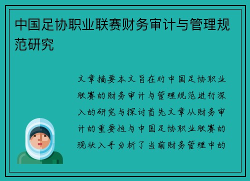 中国足协职业联赛财务审计与管理规范研究 中国足协职业联赛财务审计与管理规范研究